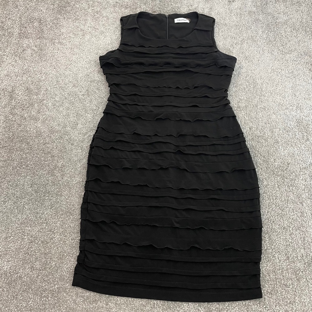 Calvin Klein Dress Womens 8 Tiered Ruffle Sheath Black Knee Length